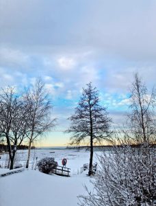 Rantahelmi ja Pikkuhelmi: luminen mökkipiha talvella
